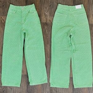 Shekou Women Size XS Linen Green Checkered Straight Leg High Waisted Trousers